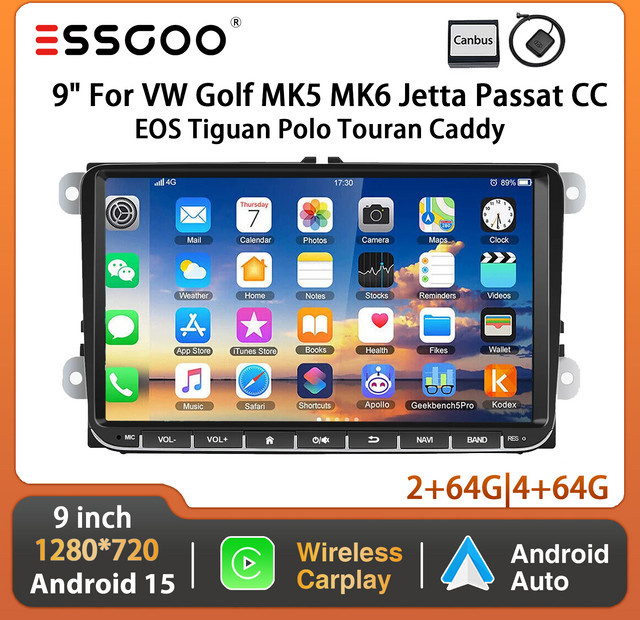 ESSGOO 9-Zoll Android 15 Autoradio mit 64G Speicher, Wireless Carplay, GPS und Bluetooth in Schwarz für VW Golf MK5, Passat, Polo, Touran, Caddy, EOS, Jetta sowie Seat und Skoda - Bild 1