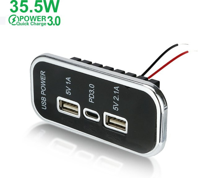 KEBETEME Auto Ladegerät mit 3 Ports und 12/24V Steckdose, 35,5 W Schnellladung mit PD QC 3.0 Typ-C und USB-Anschlüssen, Schwarz - Bild 1