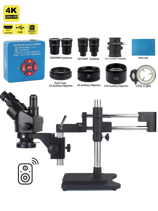 HIGH CLOUD Trinokular Stereo Zoom Mikroskop mit 48MP 4K HDMI VGA USB Anschluss für PCB und Telefon Reparatur, 3,5X 90X Simul-Brenn Doppel Boom Standfuß - Bild 3