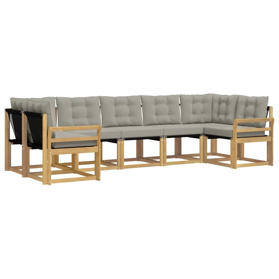 vidaXL Outdoor-Sofagarnitur 7-teilig in L-Form aus Akazienholz und Textilene mit Kissen, Weiß-Hellgrau - Bild 2