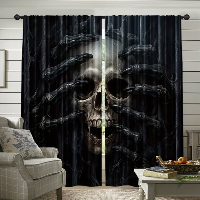 VIKAMA 2-teiliges Gothic-Vorhangset mit Totenkopf- und Hand-Motiven in Schwarz - Bild 1