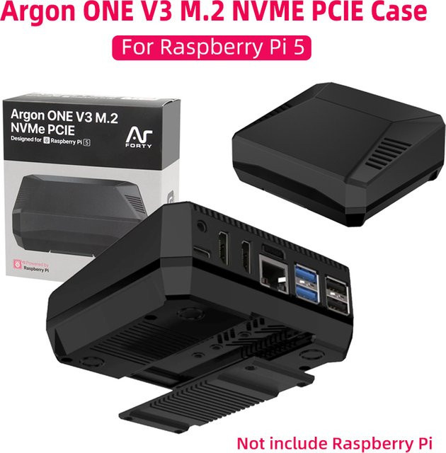 Argon ONE V3 M.2 NVMe Gehäuse für Raspberry Pi 5 in Schwarz mit integriertem PWM-Lüfter und Kühlkörper aus Aluminium - Bild 1