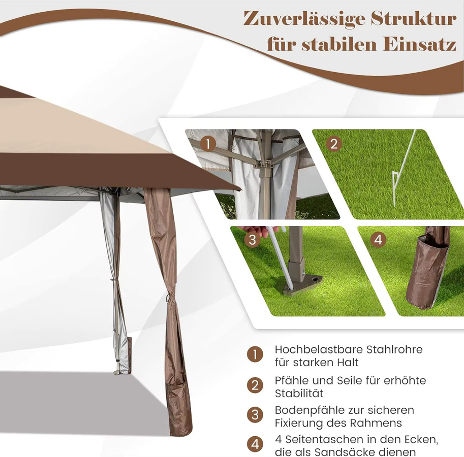 GOFLAME Pop-up-Pavillon mit Rädern, wasserdichter Klapppavillon mit UV-Schutz 50, Partyzelt für den Garten, Farbe: Braun, B/T/H: 400 x 390 x 285 cm - Bild 4
