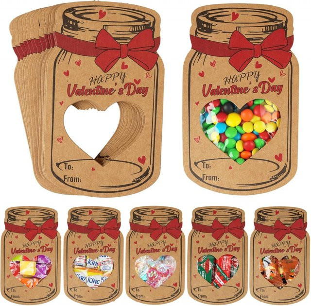 24 Stück Valentinstagskarten in Blau aus Kraftpapier mit Herzfenster und Leckerlibeuteln im Einmachglas-Design als personalisiertes Geschenk - Bild 1