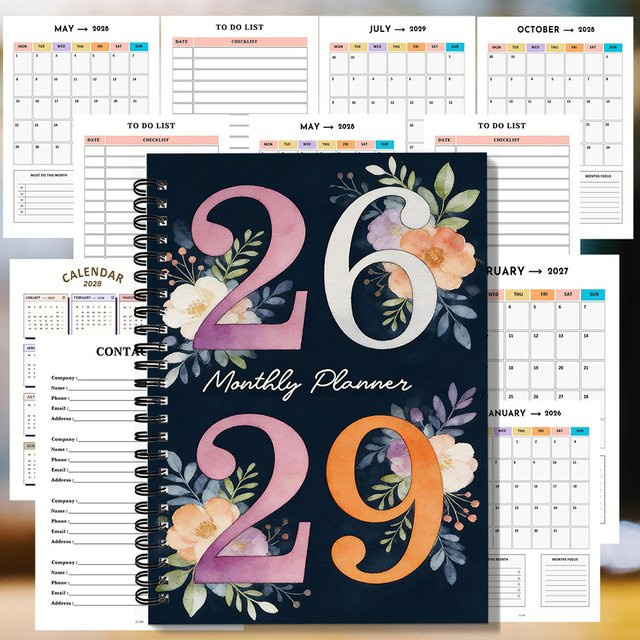 Spiralnotizbuch mit Blumen-Zahlenmotiv als Monats- und Tagesplaner für 2026-2029, Softcover, A5 - Bild 1