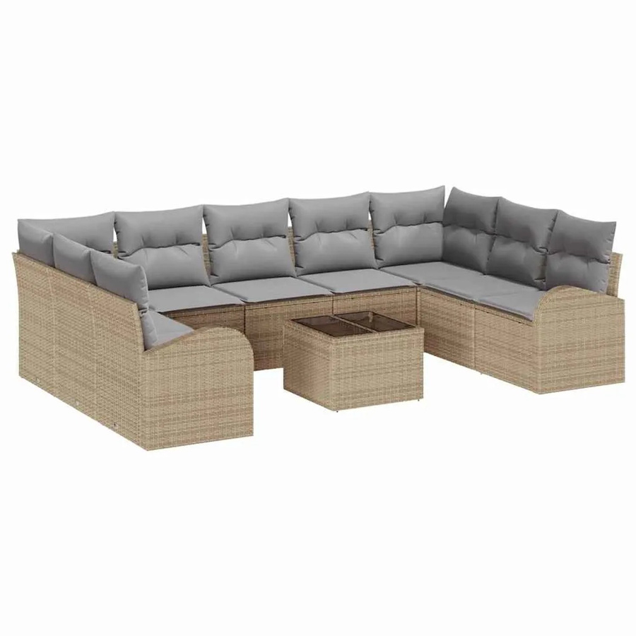 vidaXL Garten-Sofa-Set 10-teilig aus Poly-Rattan in Beige mit Polsterkissen und Tisch, U-Form - Bild 2