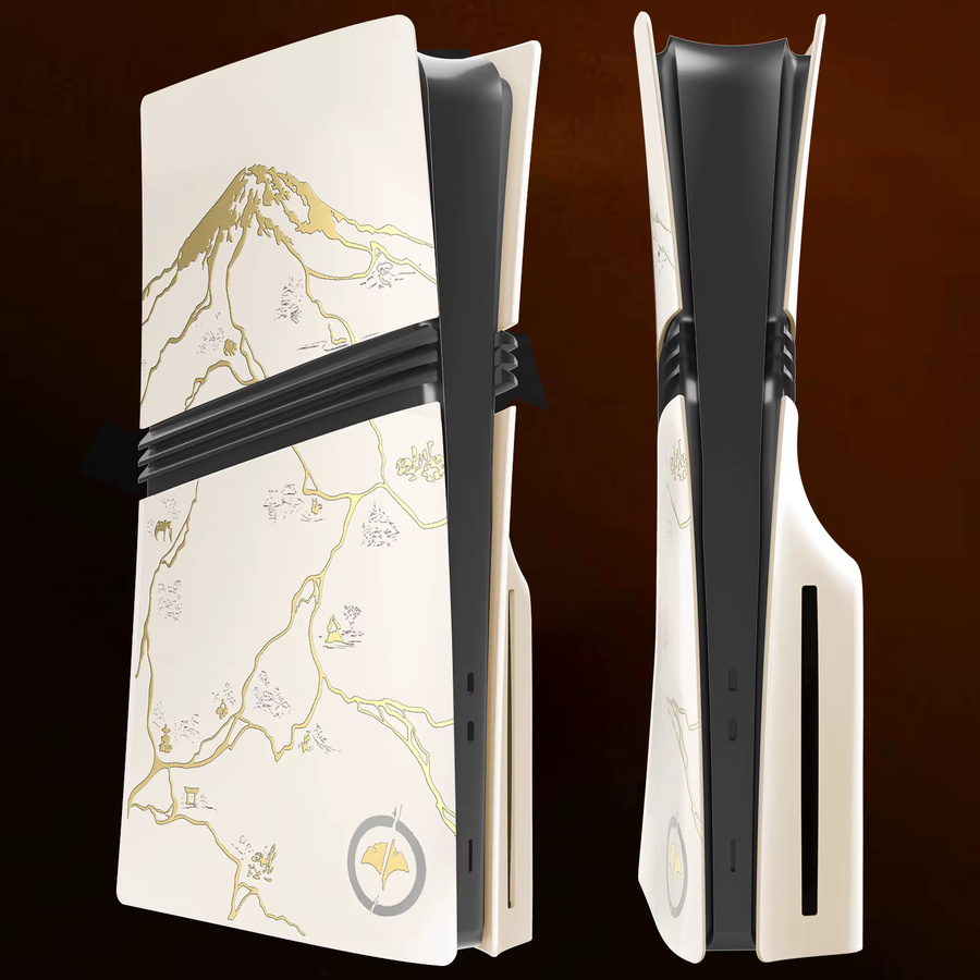 JazPlate Yotei Shell Ghost Frontplatte Ersatz für PlayStation 5, PS5 Pro und PS5 Slim Disc in Weiß mit Gold Logo Aufkleber - Bild 3