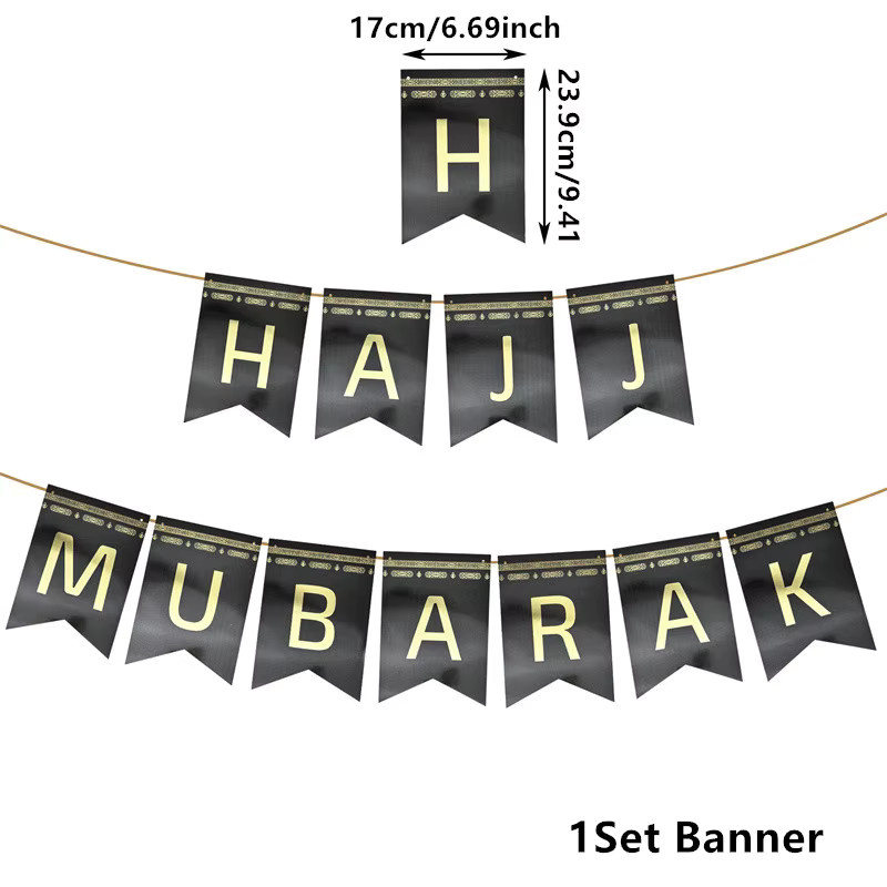 JQSYRISE Hajj Mubarak Partyzubehör Set in Schwarz und Gold mit Papptellern, Tassen, Servietten, Banner und Luftballons für Eid Mubarak Feiern - Bild 3