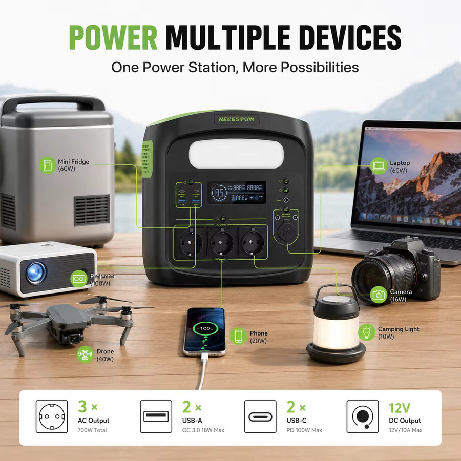 Tragbare Powerstation NECESPOW N7576 in Schwarz mit 483,84Wh, 700W Dauerleistung, 1400W Spitzenleistung, 230V Ausgang und PD100W USB-C Schnellladung - Bild 2