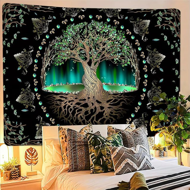 VIKAMA Aurora Baum des Lebens Wandteppich mit Sternenhimmel und floralem Muster, Multicolour, Breite: 75 cm, Höhe: 58 cm - Bild 1