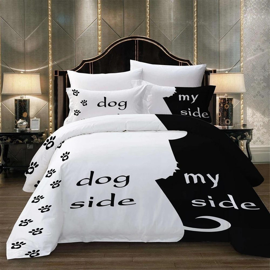 Personalisierbares Bettwäsche Set mit Katzen und Hunde Motiv in Schwarz Weiß, Bettbezug und Kissenbezug mit Reißverschluss, EU Single B/T/H: 135 x 200 cm - Bild 3