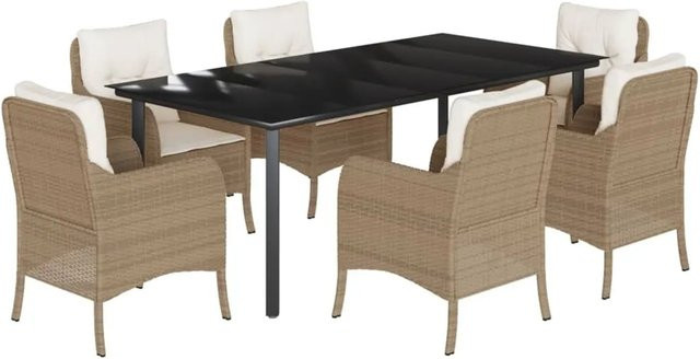 vidaXL 7-teilige Garten-Essgruppe aus Poly Rattan mit Kissen in Beige und Tisch mit Hartglasplatte - Bild 1