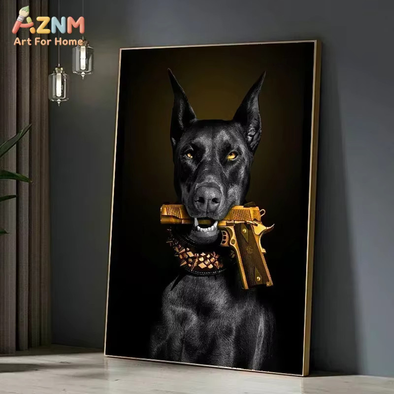 AZNM Leinwand-Wandkunst Dobermann Tierporträt in Schwarz-Gold für dein Wohnzimmer oder Schlafzimmer - Bild 2