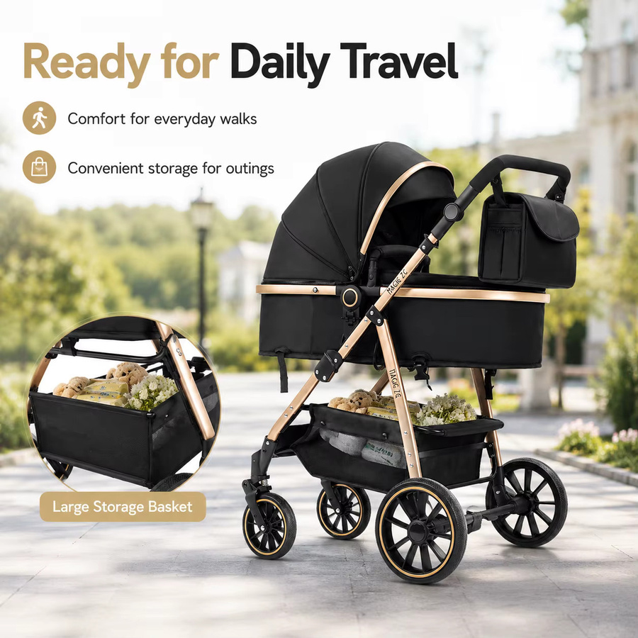 3-in-1 Baby-Kinderwagen Reisesystem mit Babywanne und Babyschale, faltbar und leicht, Schwarz-Gold mit Stoßdämpfung und EVA-Rädern - Bild 4