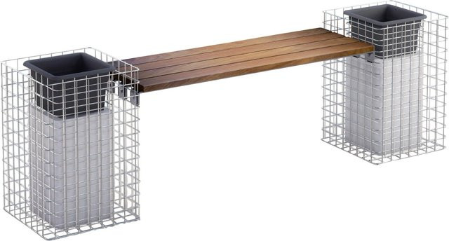 Gabiona 2-Blumensäulen-Gabionen-Bank aus Stahl und Cumaru-Holz in Silberfarben, B/T/H: 42 x 42 x 62 cm - Bild 2