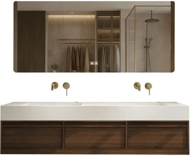 360Home Badmöbel Set mit Sinterstein Doppelwaschbecken und Spiegelschrank in Braun Matt, B/T/H: 140 x 55 x 25 cm - Bild 1
