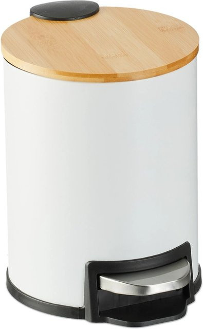 Relaxdays Bad Mülleimer aus Eisen in Weiß mit Bambusdeckel und Softclose, B/T/H: 22,5 x 17 x 23 cm - Bild 1