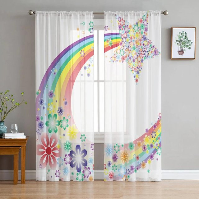 Yiran Furniture Regenbogen-Sternenlicht Chiffon-Vorhang mit Sternen-Motiv, transparent, mehrfarbig, B: 135 cm, H: 215 cm - Bild 1