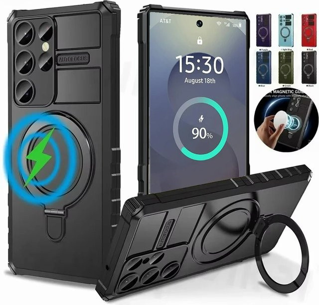 Magnetische MagSafe Handyhülle für Samsung Galaxy S26 S25 S24 S23 S22 S21 Ultra mit Ringhalter und Standfunktion in Schwarz und Grün - Bild 1