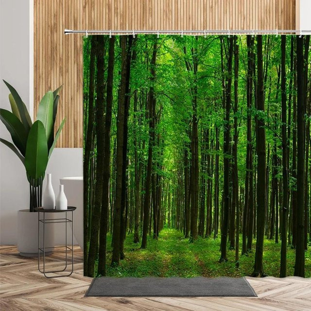 Wasserabweisender 3D-Duschvorhang von Dunika Chen mit tropischem Wald-Motiv in Grün, B: 240 cm, H: 180 cm - Bild 1