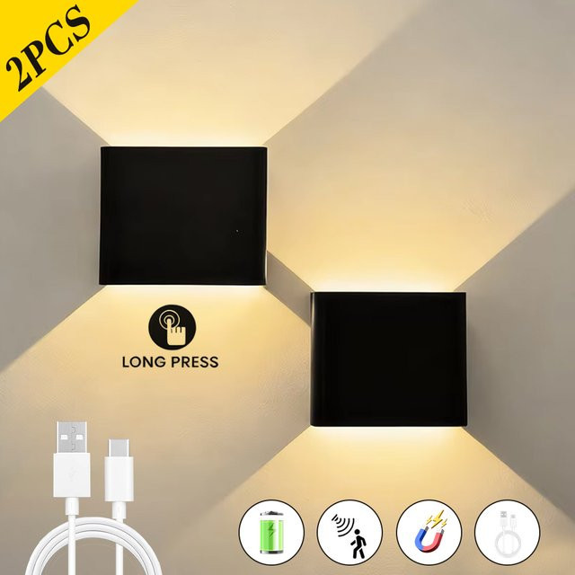 2 Stück UMEXUS Kabellose LED-Wandleuchten mit Bewegungssensor, stufenlos dimmbar, wiederaufladbar, magnetisch, modernes quadratisches Design in Schwarz oder Weiß mit warmweißem Licht - Bild 1