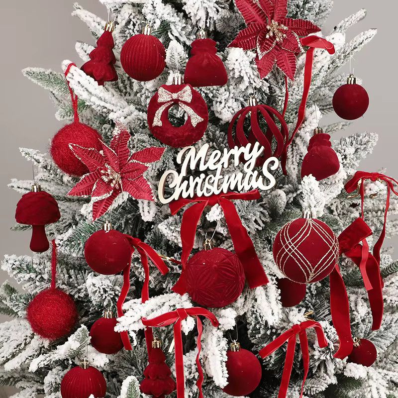 ZQNYCY 38-teiliges Set Weihnachtsdekoration aus Samt in Rot mit Christbaumkugeln, Sternen, Blumen und Baumspitze für deinen Weihnachtsbaum und zur Neujahrsdekoration - Bild 4