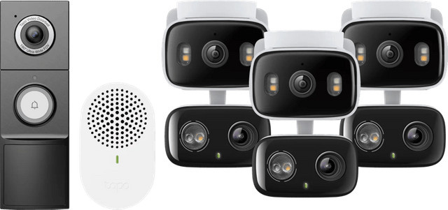 TP-Link Tapo C246D Smart Home Set mit 3er-Pack Wi-Fi Kameras, D235 Smart Battery und kabelgebundener Türklingel in Weiß - Bild 1