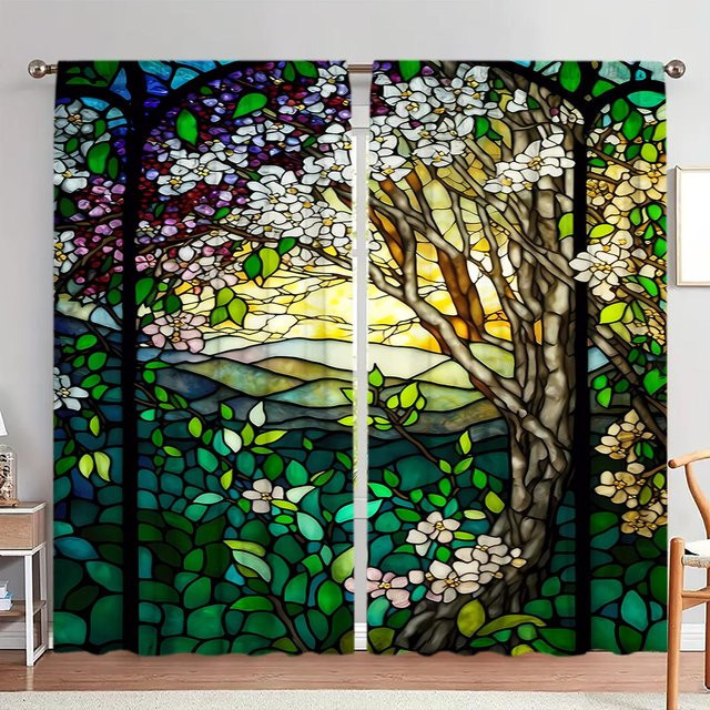 2er-Set Buntglas-Baum Fensterdekoration, halbtransparente Vorhänge mit Naturmotiv in Weiß und Mehrfarbig, Breite: 52,5 cm, Höhe: 116 cm - Bild 1