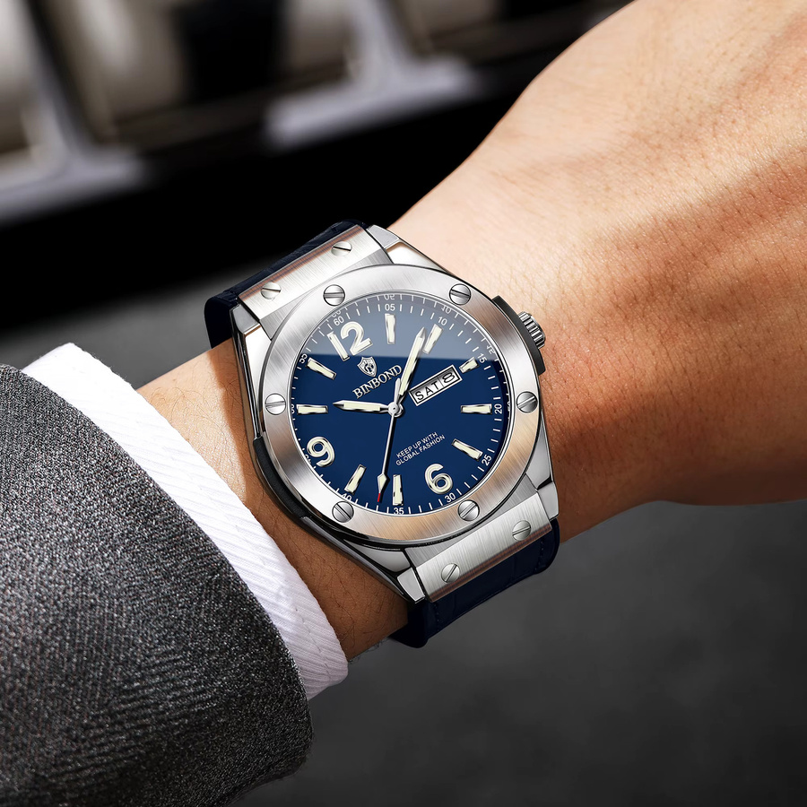 BINBOND Armbanduhr Quarz, Edelstahl, Leder, Blau, Herren - Bild 3