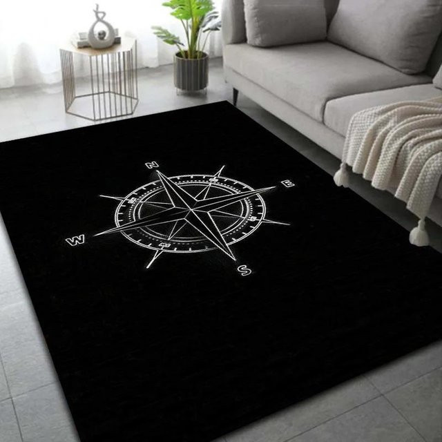 Rutschfeste Fußmatte Lodestar mit Retro Kompass und Weltkarte, Teppich aus Polyester für Wohnzimmer, Schlafzimmer oder Küche, B/T: 80 x 50 cm, Schwarz - Bild 1