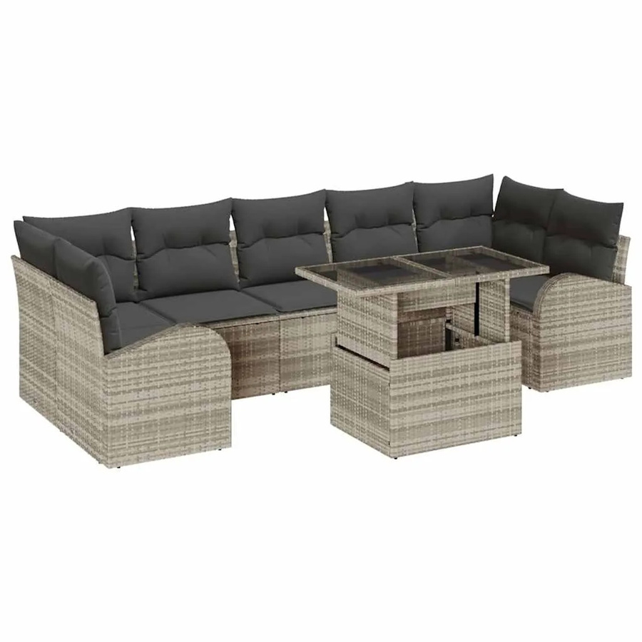 vidaXL 8-teiliges Garten-Sofa-Set aus Polyrattan mit Kissen und Couchtisch, Hellgrau - Bild 2