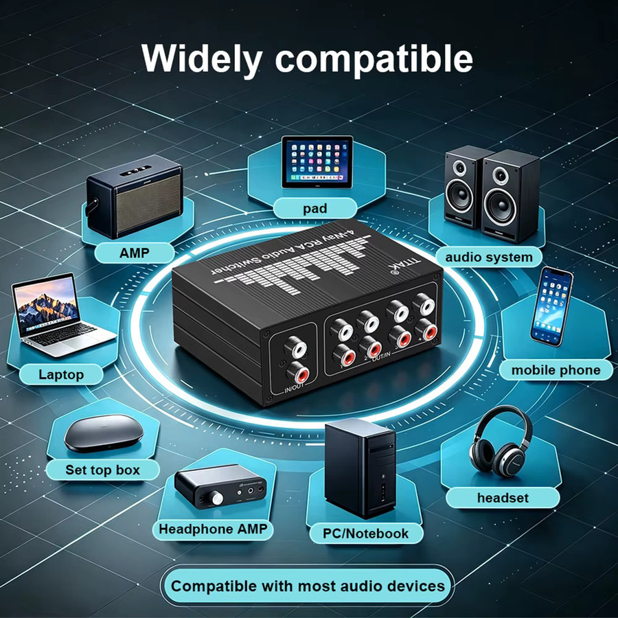 TITAK 4-Wege bidirektionaler RCA-Stereo-Audioschalter in Schwarz mit 1 Eingang und 4 Ausgängen oder 4 Eingängen und 1 Ausgang - Bild 6
