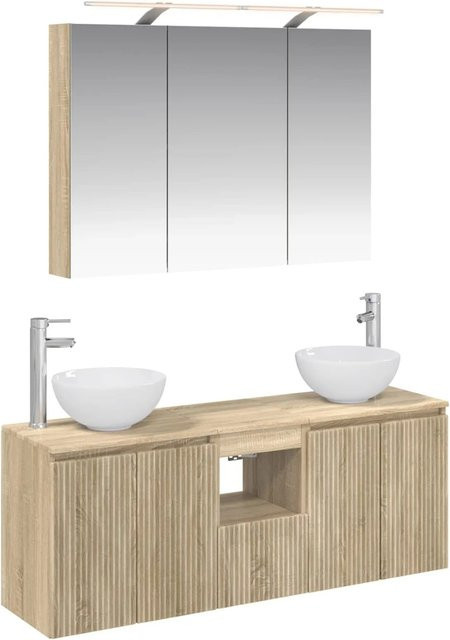 vidaXL Badezimmerschrank-Set 4-teilig in Sonoma-Eiche, bestehend aus Waschtischunterschrank, Wandunterschrank und Spiegelschrank mit LED-Beleuchtung, Farbe: Braun, B/T/H: 100 x 14,5 x 70 cm - Bild 1