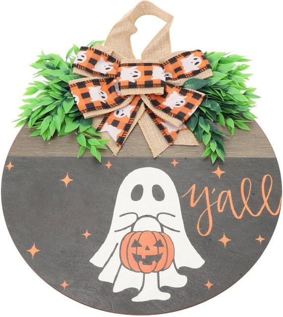 Koogeelife Halloween Türschild Geist und Kürbis aus Holz in Beige und Schwarz als dekorativer Hänger - Bild 1