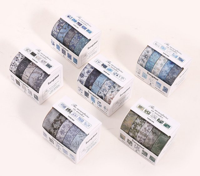 5 Rollen Washi-Tape Set mit Wintermotiven und Pflanzen-Schneeflocken-Designs für Scrapbooking und Tagebücher - Bild 1