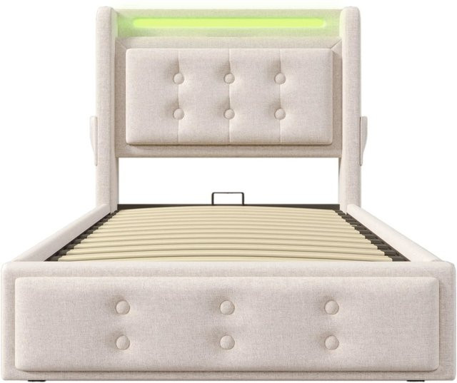 okwish Polsterbett Beige mit LED-Kopfteil, USB-Ladefunktion und Matratze, B/T/H: 90 x 200 x 109 cm - Bild 1