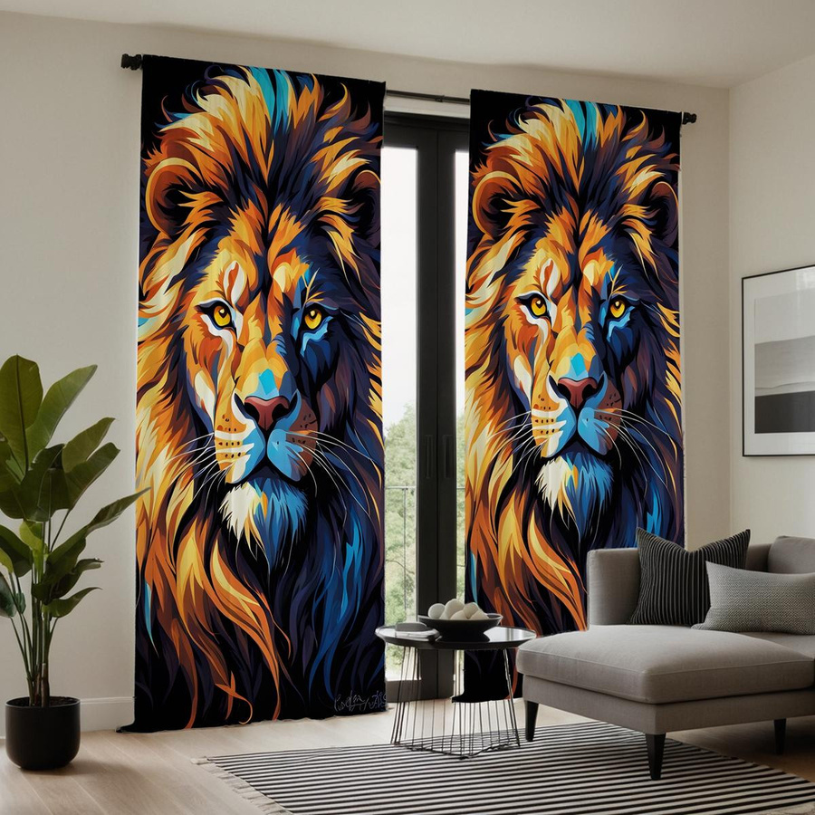 2 Stück dekorative Vorhänge mit Afrikanischem Löwe Motiv in Gelb, digital bedruckt, semi-transparent, B: 132 cm, H: 160 cm - Bild 4