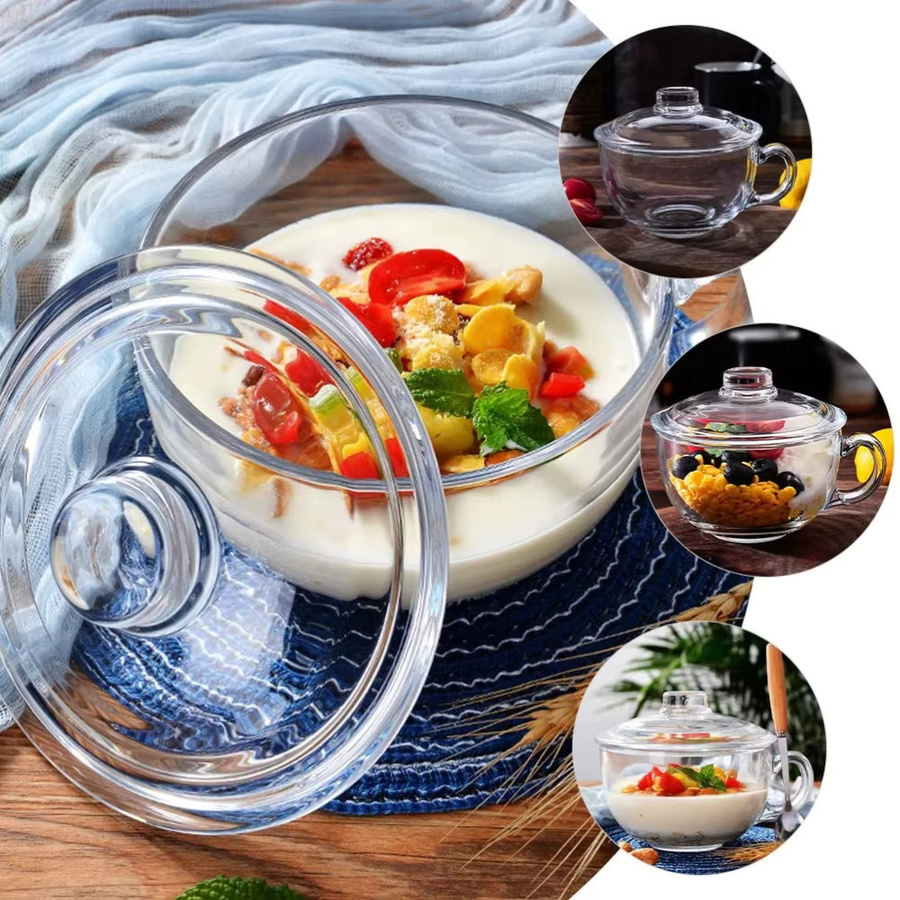 FEB.WIND Glasschüssel mit Deckel und Griff, transparent und beige, mikrowellengeeignet für Suppe, Dessert, Nudeln und Salat - Bild 5