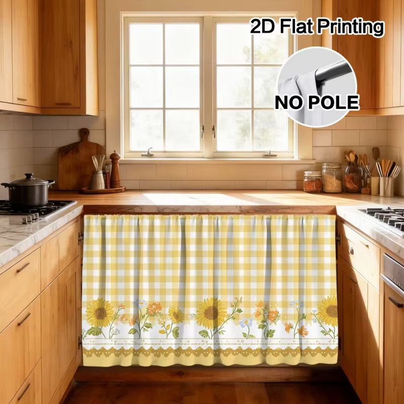 VIKAMA Flachschrankvorhang mit Sonnenblumen-Motiv und Karomuster in Gelb für Badezimmer und Wohnzimmer - Bild 4