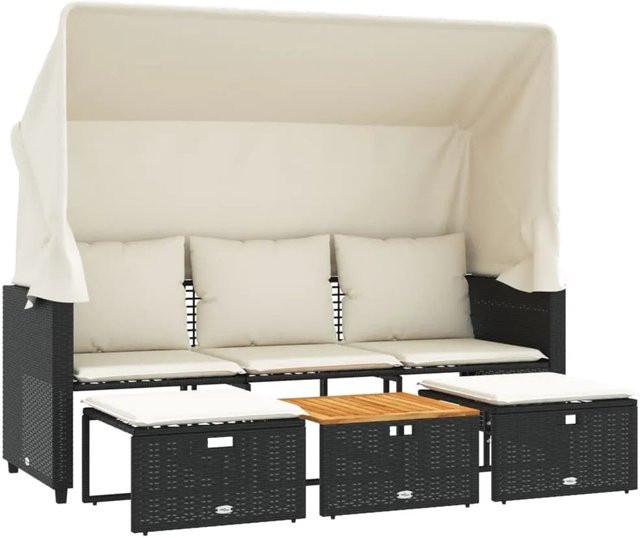 vidaXL Outdoor-Sofa 3-Sitzer mit Dach und Hockern aus Poly-Rattan in Schwarz mit Polsterung und UV-beständigen Kissen - Bild 1
