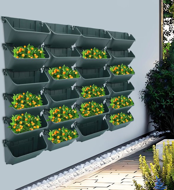 24er Set Bymaocar Vertikale Gartenpflanzgefäße in Armeegrün, Wandmontierte Hängende Blumentöpfe aus Kunststoff mit 300ml Wasserspeicher für Innen und Außen - Bild 1