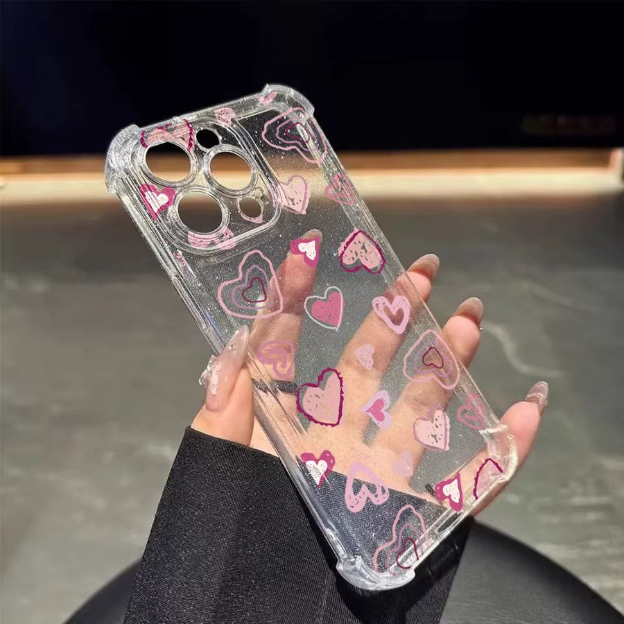 Transparente Silikon Handyhülle mit rosa Herzmuster und Glitzer-Effekt für Apple iPhone 17 bis 11 Pro Max, stoßfest und weiche Rückseite - Bild 2