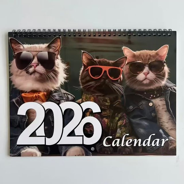 Hängekalender 2026 mit süßen Katzenmotiven in Brillen-Optik, Monatsplaner Januar bis Dezember, weiß und mehrfarbig - Bild 1