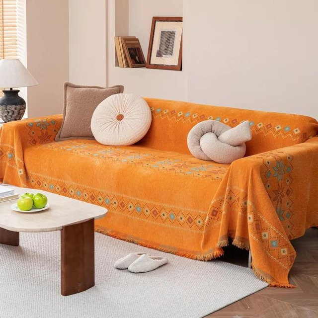 Bohemia Sofa Decke mit Quasten aus Chenille Stoff in Orange, B/B: 180 x 130 cm - Bild 1