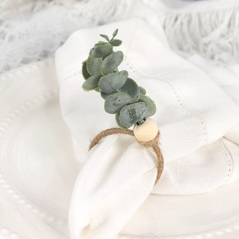 Serviettenringe in Eukalyptus-Optik mit floralem Design, grün, rund, im Bohemian-Stil - Bild 3
