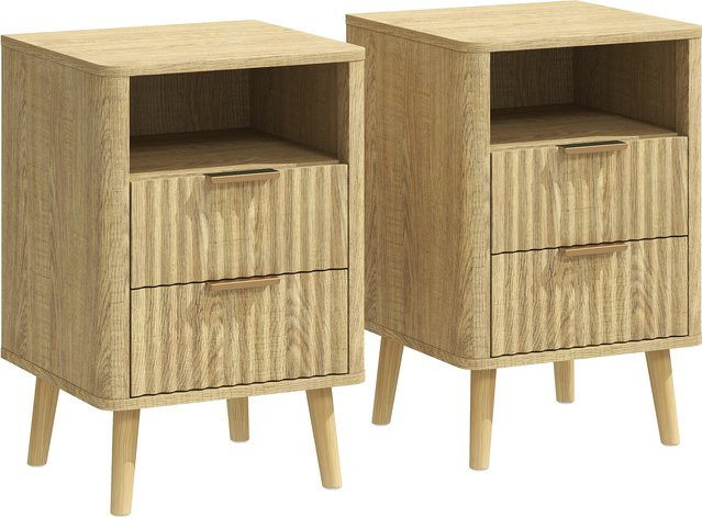 HOMCOM 2er-Set Nachttische in Eiche mit 2 Schubladen und offenem Fach, moderner Stil mit wellenförmiger Struktur und Massivholzfüßen für dein Schlafzimmer oder Wohnzimmer - Bild 1