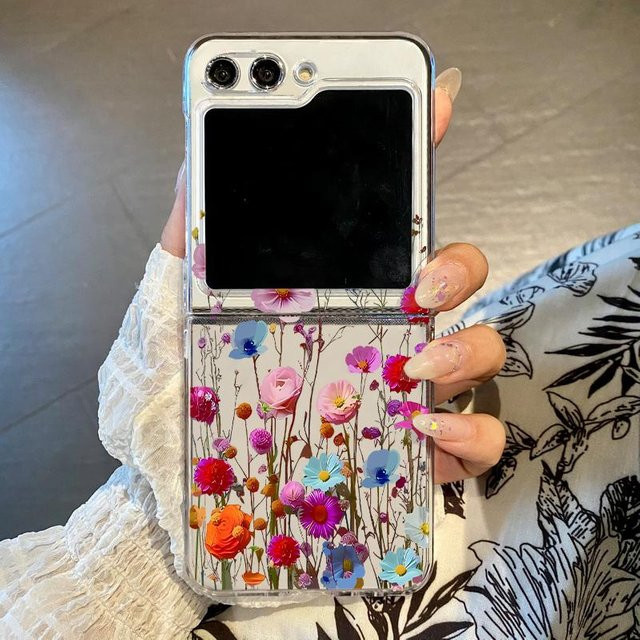 QYSFriday Handyhülle mit romantischem Gartenmuster für Samsung Galaxy Z Flip6, Z Flip5, Z Flip4 und Z Flip3, transparent mit schwarzem Akzent, Hartschale aus PC - Bild 1