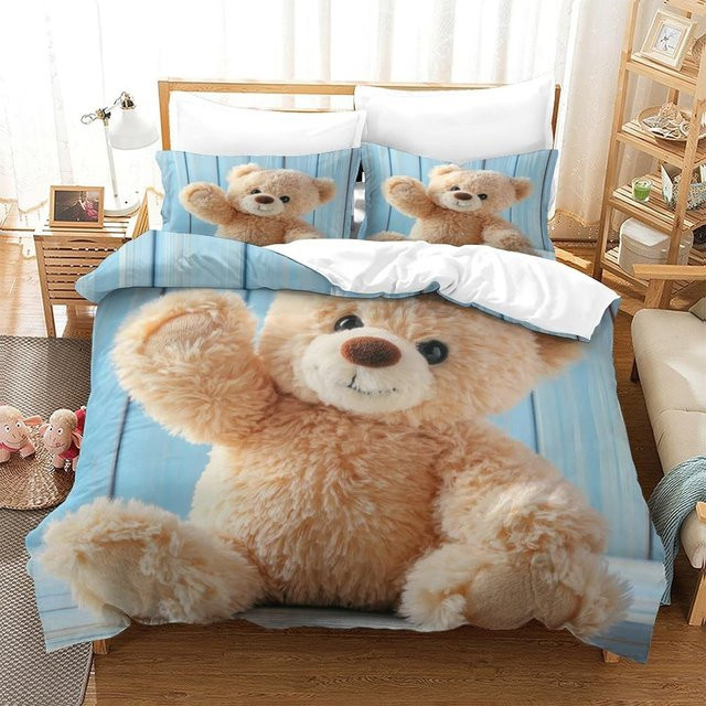 Flylo Bettwäsche-Set mit 3D Teddybär Motiv in Blau, atmungsaktive Kinderbettwäsche aus Mikrofaser bestehend aus einem Bettbezug und einem Kissenbezug, B/H: 90 x 200 cm - Bild 1