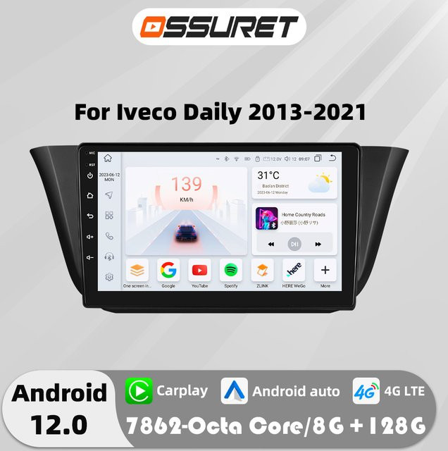 OSSURET Android 12 Autoradio mit 9 Zoll Touchscreen, 4G, Carplay und GPS für Iveco Daily 2013-2018, Multimedia Video Player und Stereo Navi in Schwarz - Bild 1
