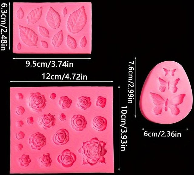 3-teiliges Silikon-Backset von SZ-Damai mit Rosenblüten, Schleifen und Blättern in Beige und Pink zur Dekoration deiner Backwerke - Bild 1